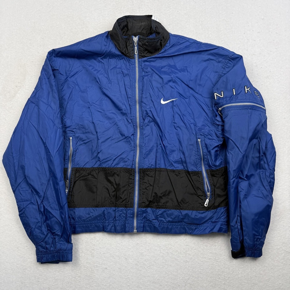 Vintage Nike Jacket Women's Medium Blue Black Colorblock Windbreaker Nylon 90s